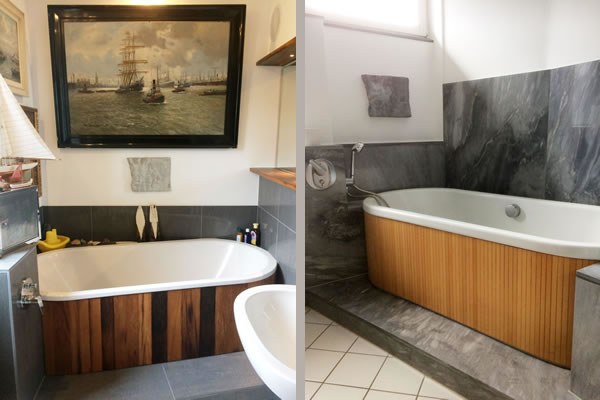 Abb. Badewannenverkleidung in Eiche, Altholz, rechts in Amerik. Ahorn